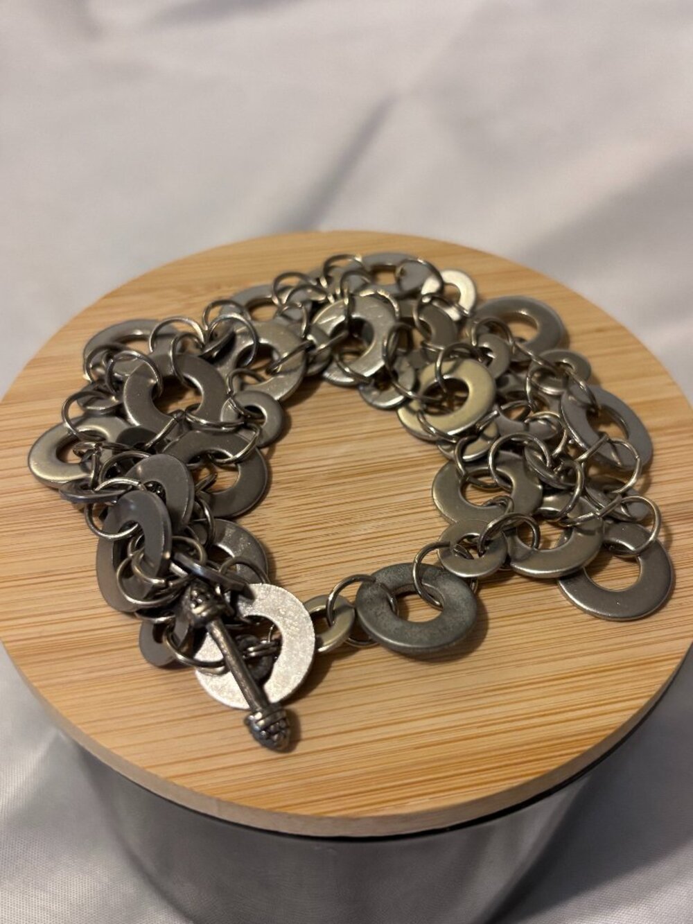 Eclectic Silver Tone Washer Link Statement Bracelet Industrial Boho Toggle Clasp